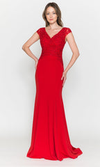 Cap-Sleeve Embroidered Jersey Long Prom Dress 8558