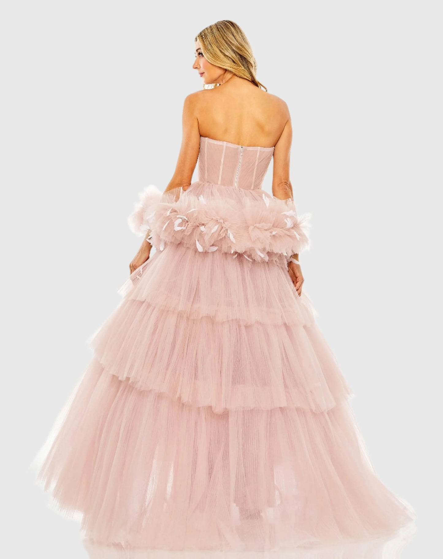 Pink Strapless Tulle Gown with Feather Detail - FINAL SALE