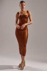CLASSY BUT SASSY RHINESTONE MIDI DRESS IN RUST