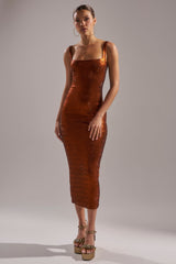 CLASSY BUT SASSY RHINESTONE MIDI DRESS IN RUST