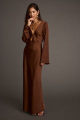 Strokes Mocha Long Sleeve Plunge Satin Maxi Dress