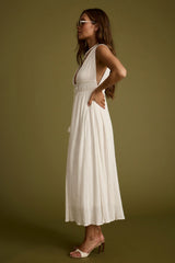 Turks Plunge White Gauze Maxi Dress