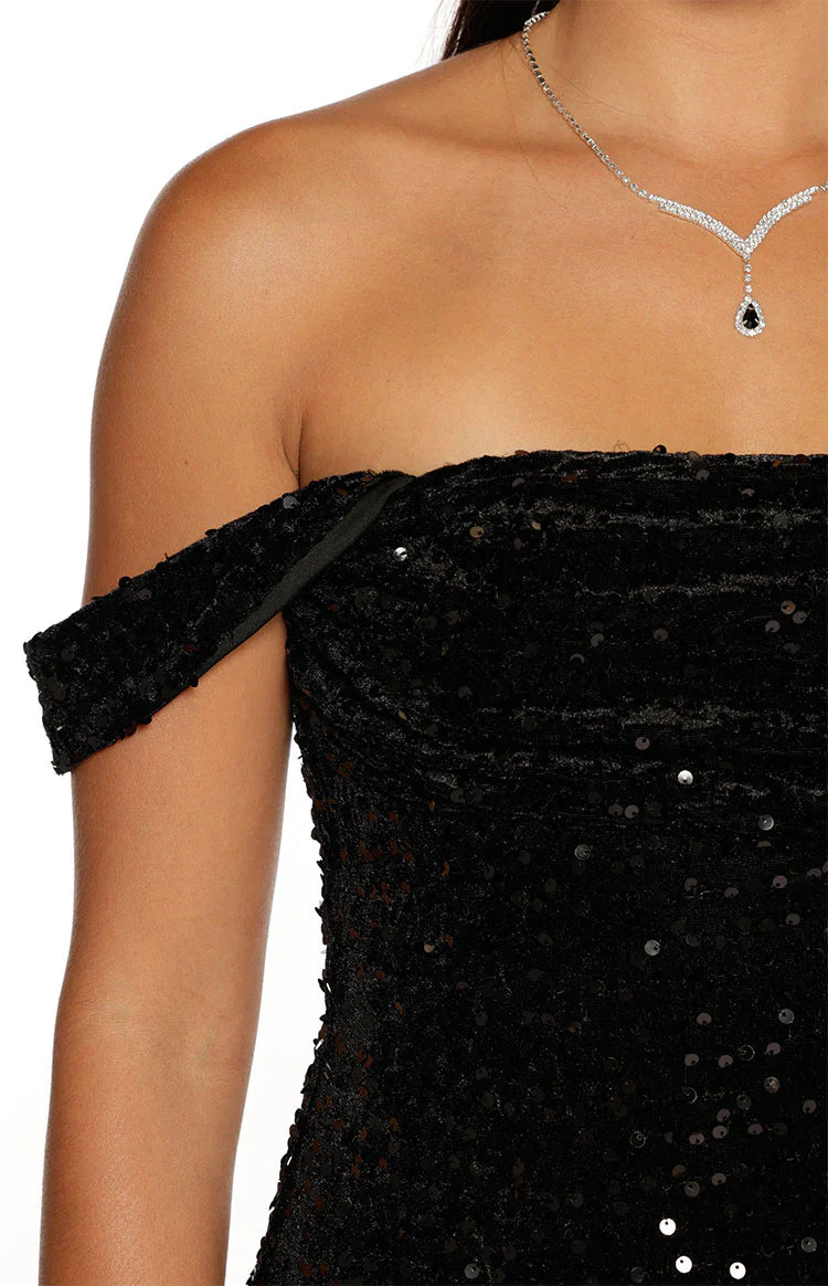 Zoella Black Velvet Sequin Off The Shoulder Mini Dress