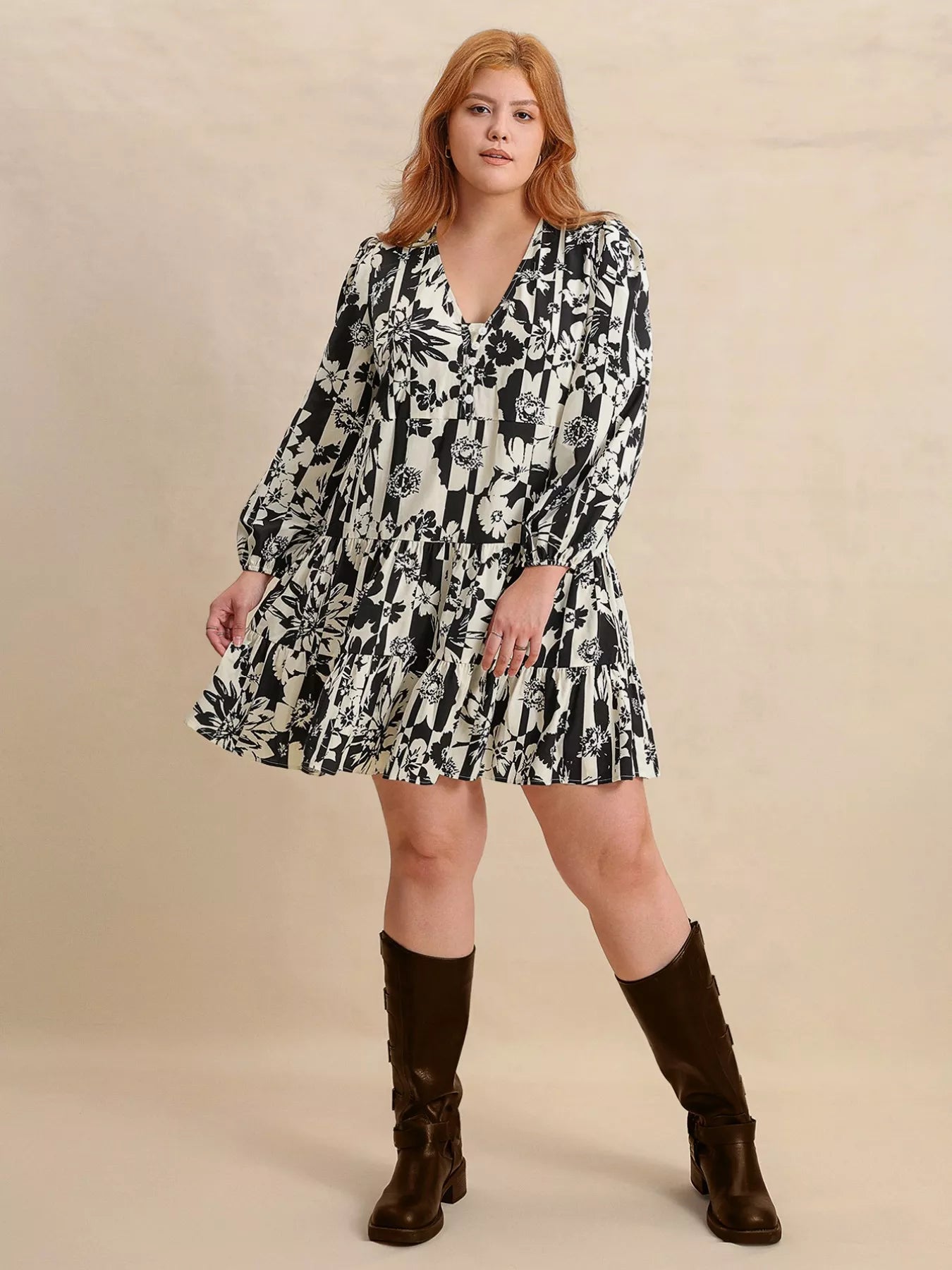 Hazel Blues® | Printed V-Neck Long Sleeve Mini Dress
