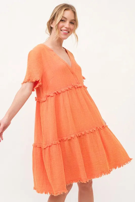 Hazel Blues® | And The Why Washed Frayed Detail Tiered Dress