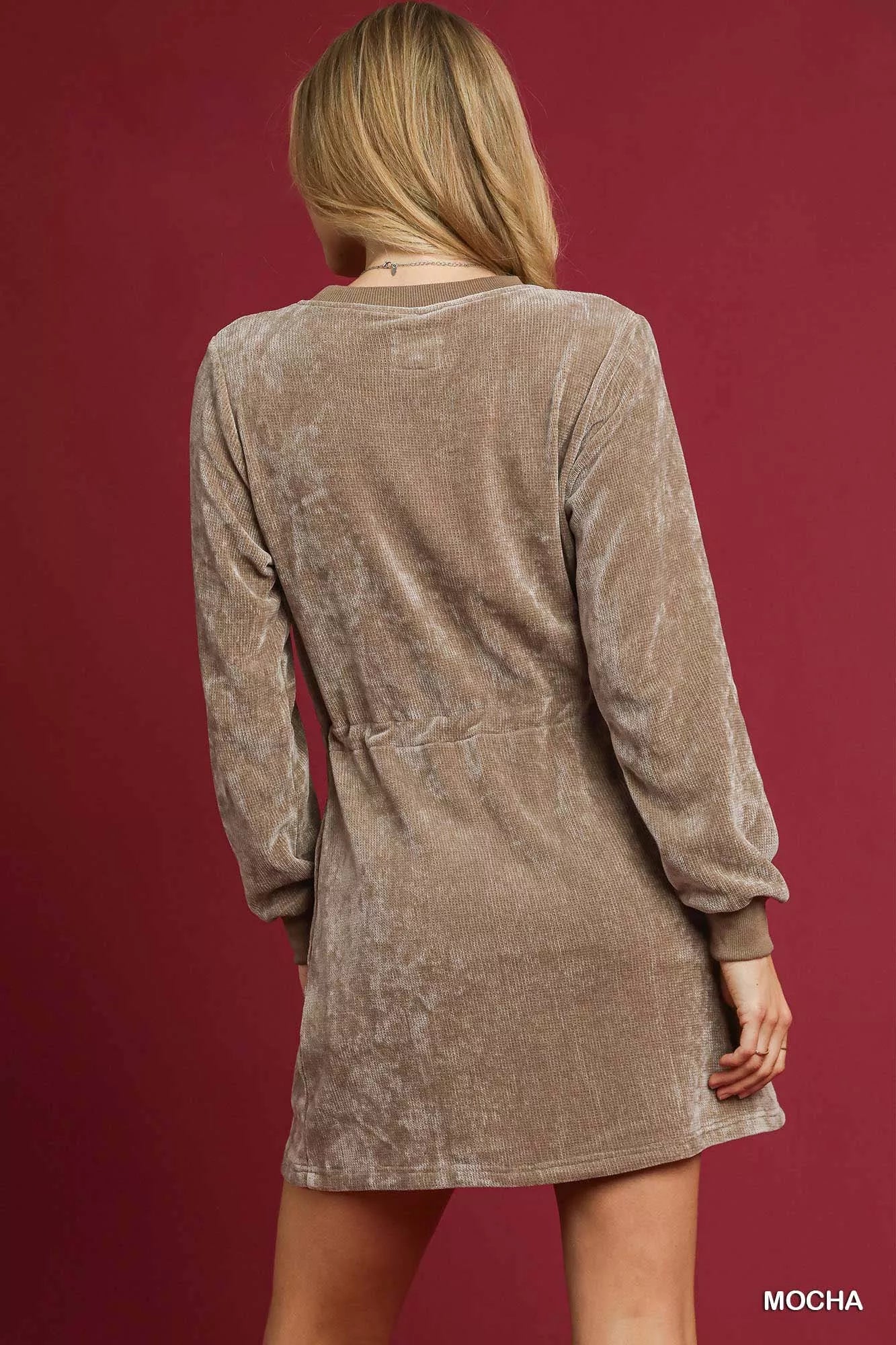 Hazel Blues® | Umgee Velour Drawstring Mini Dress with Long Sleeves