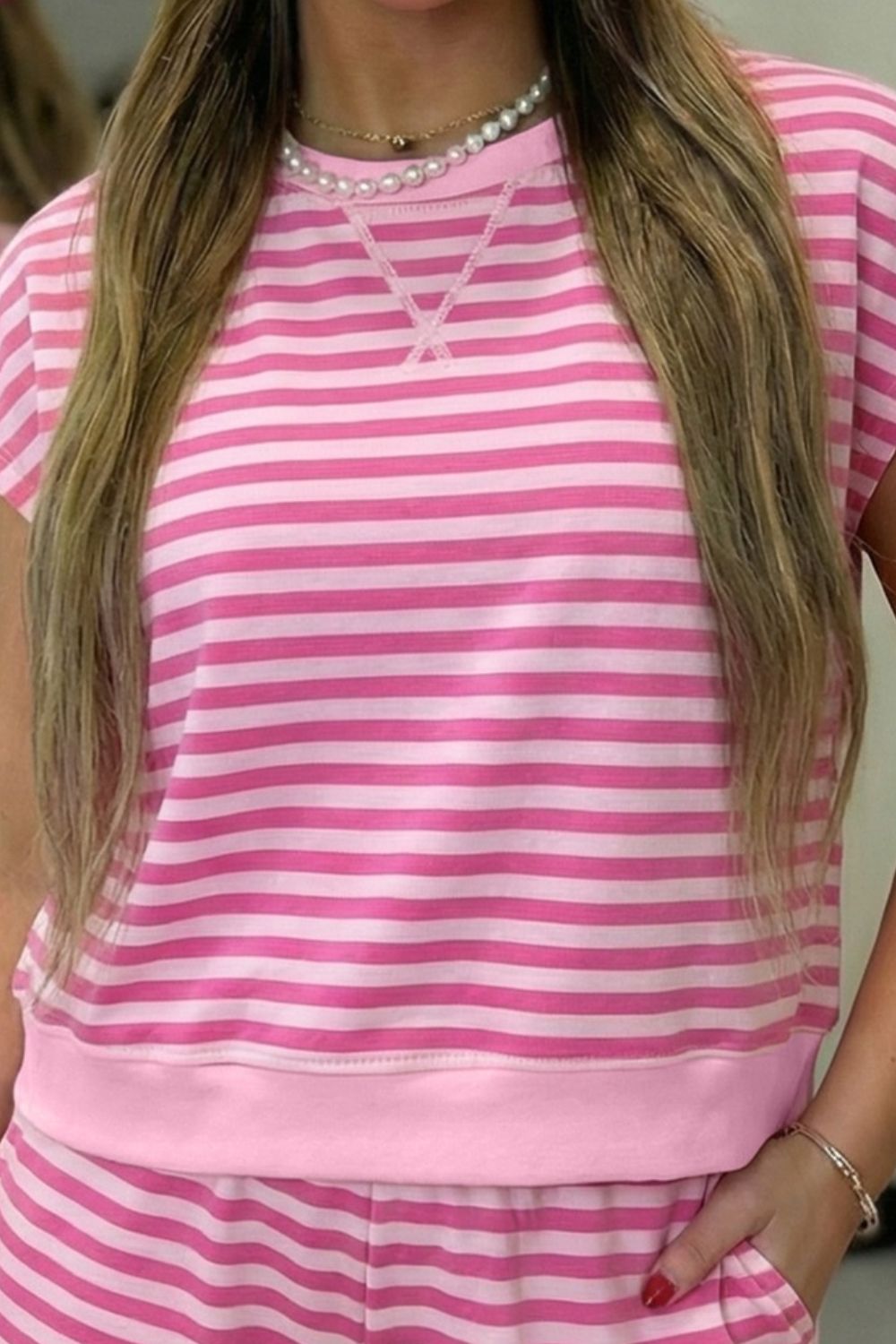 Hazel Blues® | Round Neck Striped Top and Shorts Set