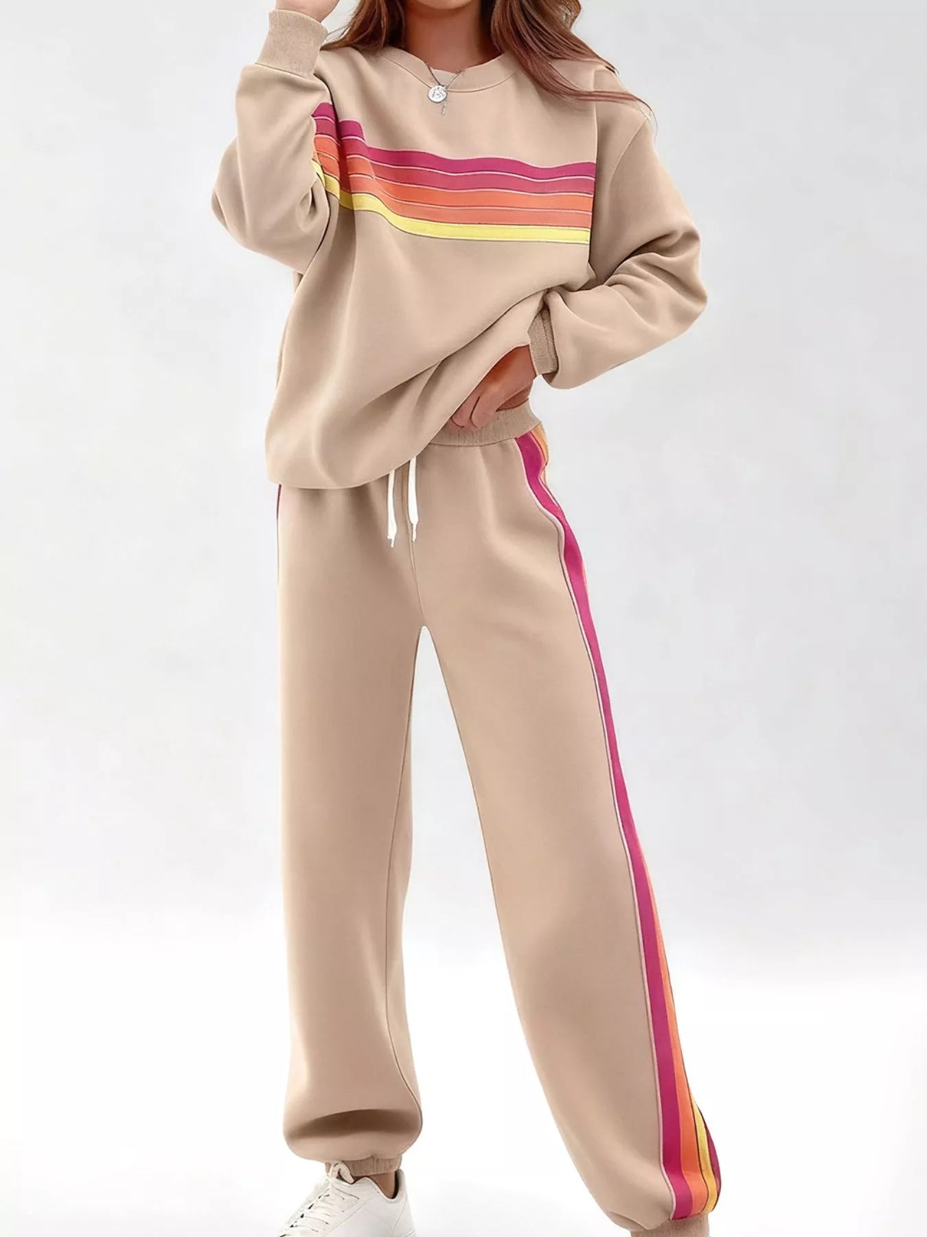 Hazel Blues® | Striped Round Neck Sweatshirt and Pants Set