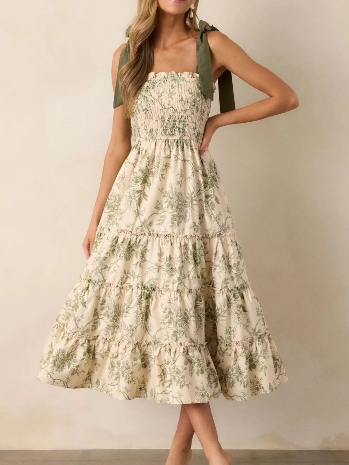Hazel Blues® | Floral Print Tiered Midi Dress with Tie Straps