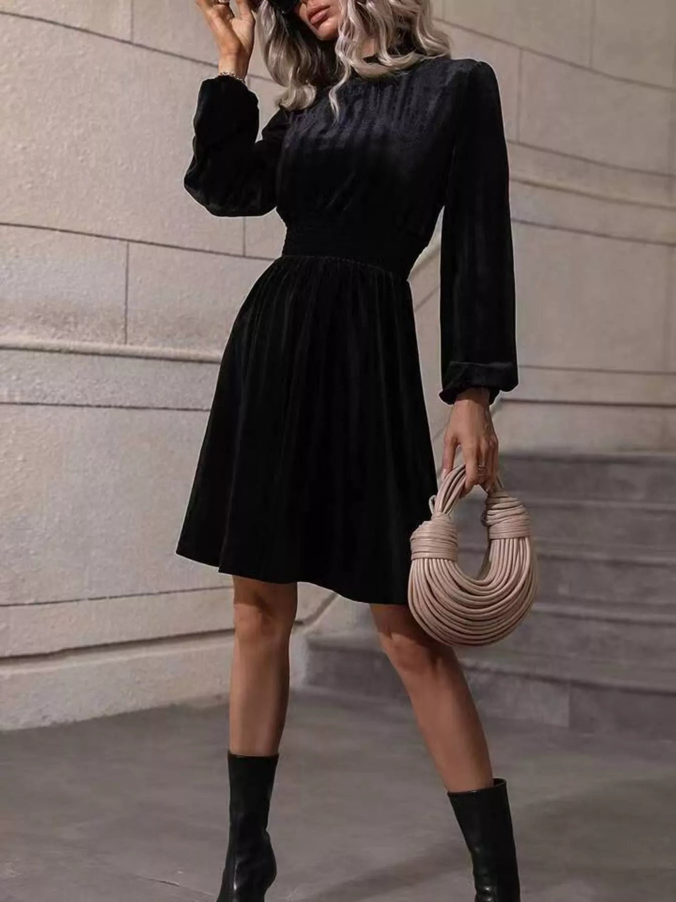 Hazel Blues® | Velvet High Neck Long Sleeve A-Line Dress