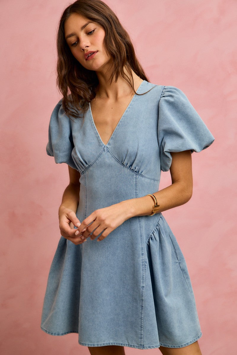 Hazel Blues® | SO ME Bubble Sleeves Denim Fit And Flare Mini Dress