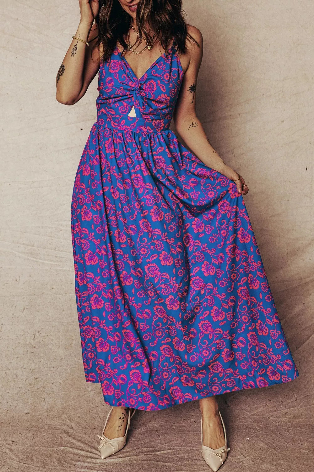 Hazel Blues® | Floral Print Twisted V Neck Tied Backless Maxi Dress