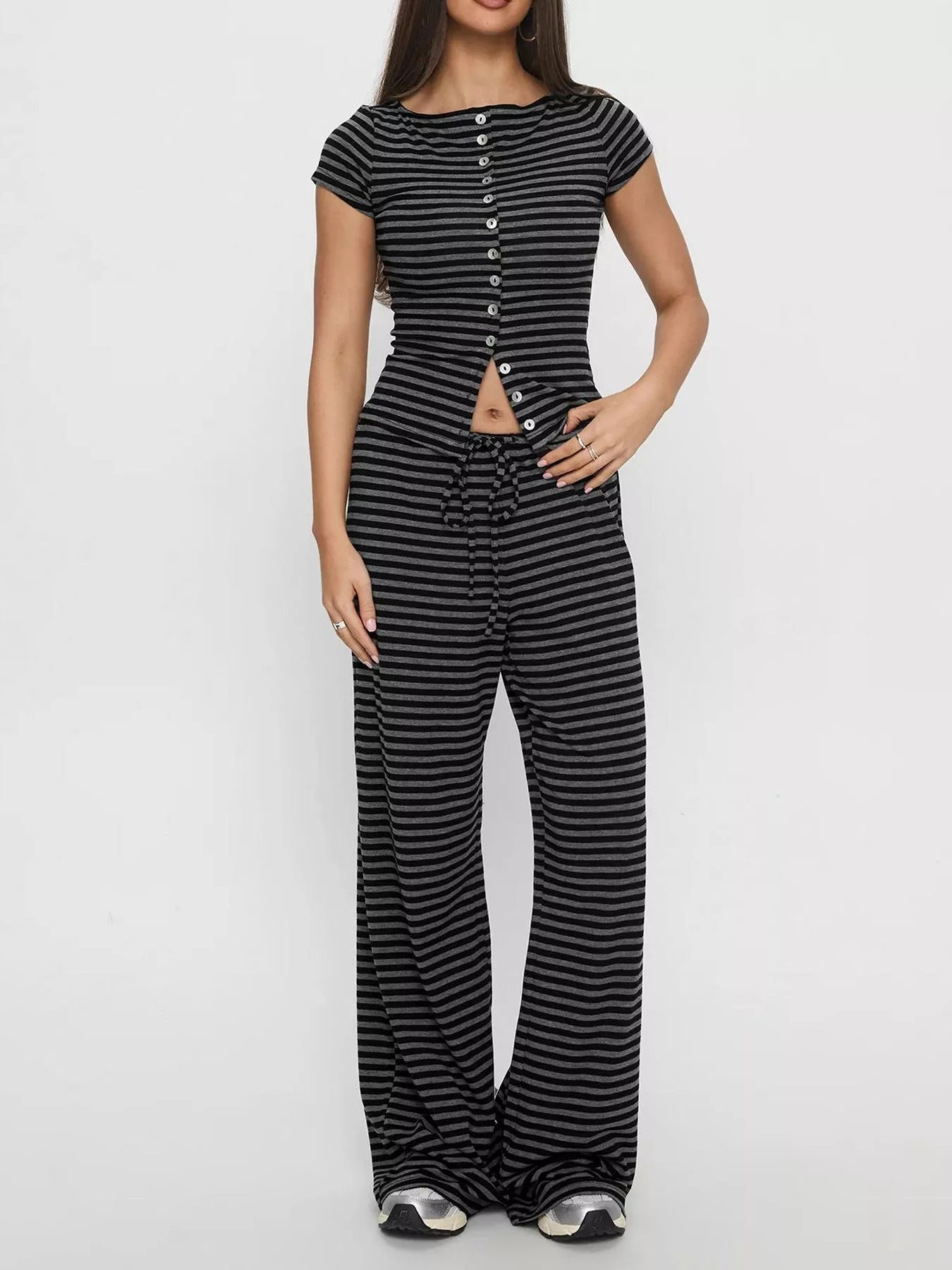 Hazel Blues® | Striped Button-Down Top and Wide-Leg Pants Set