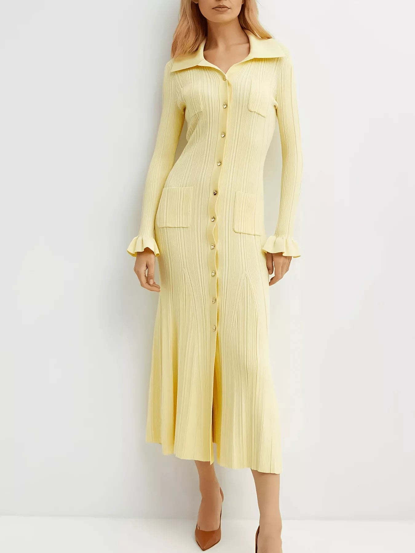 Hazel Blues® | Button-Down Flounce Sleeve Sweater Dress