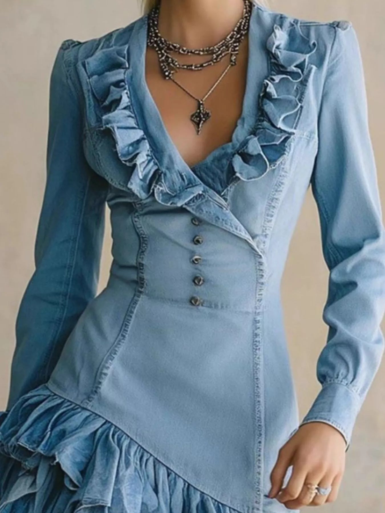 Hazel Blues® | Ruffled High-Low Denim Dress