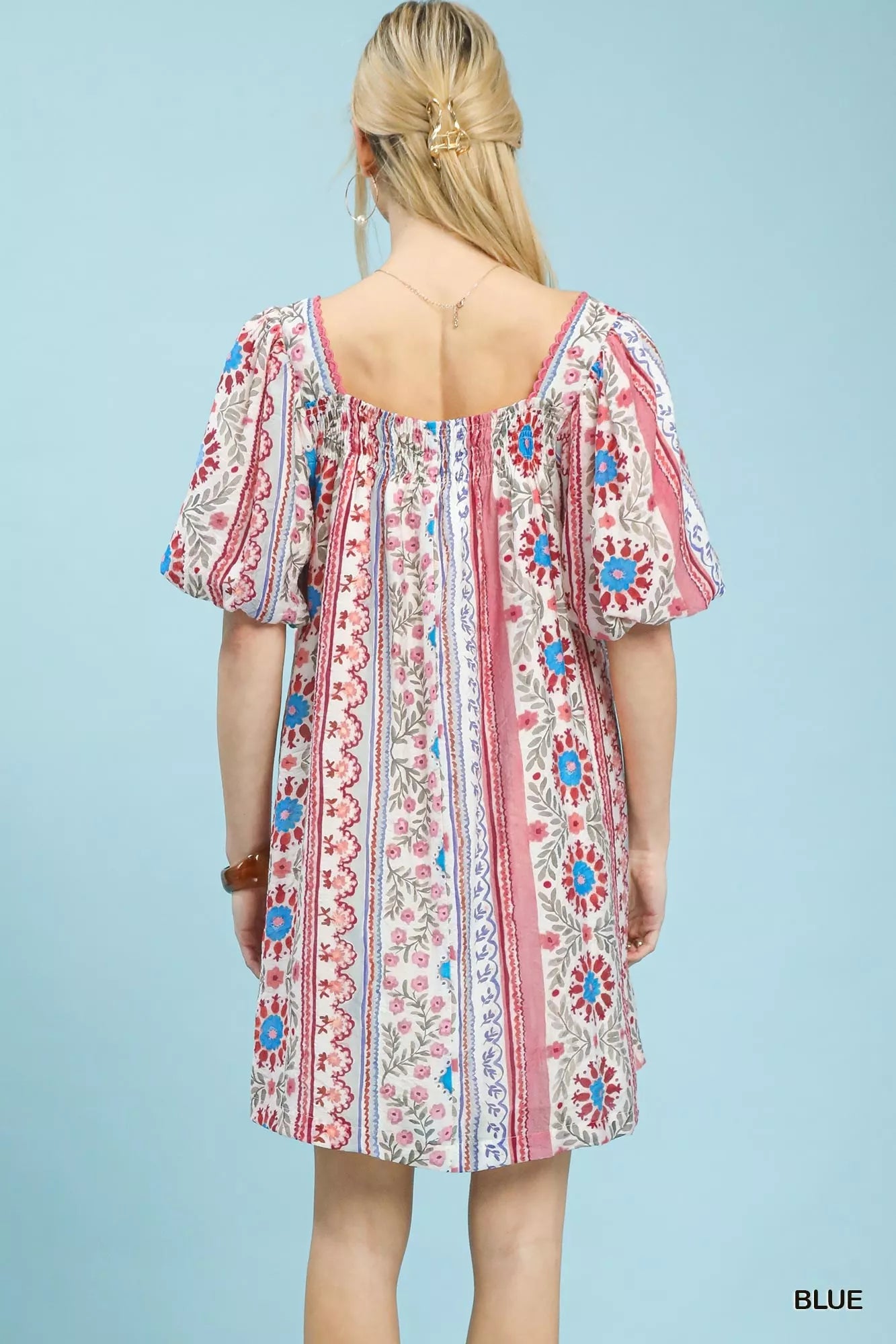 Hazel Blues® | Umgee Mixed Print Puff Sleeve Mini Dress