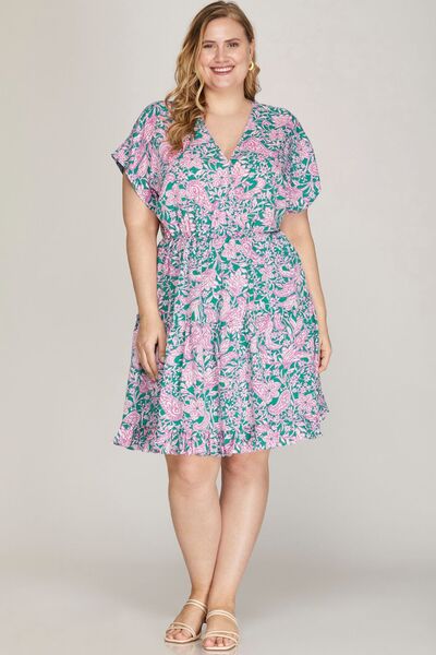 Hazel Blues® | She + Sky Ruffled Hem Printed Surplice Kimono Sleeve Mini Dress