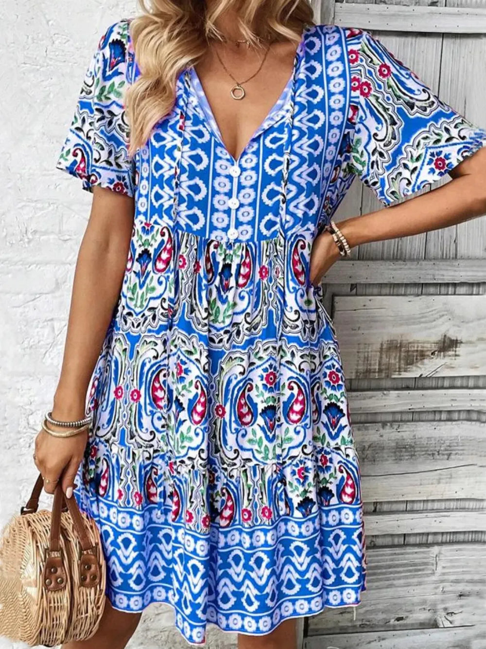 Hazel Blues® | Printed Tie Neck Short Sleeve Dress