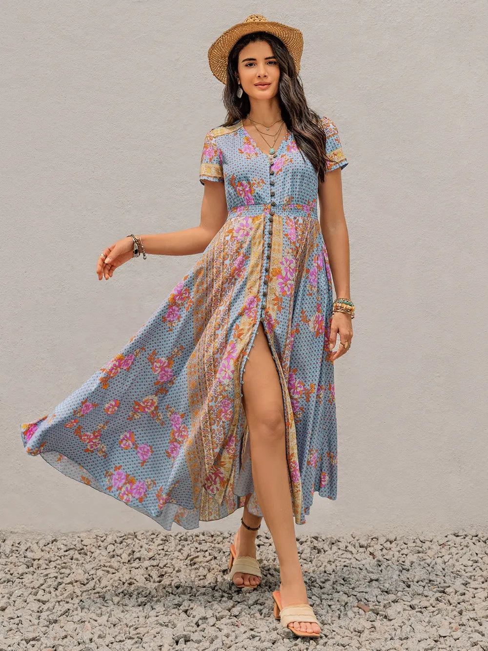 Hazel Blues® | Smocked Floral V-Neck Short Sleeve Midi Dress