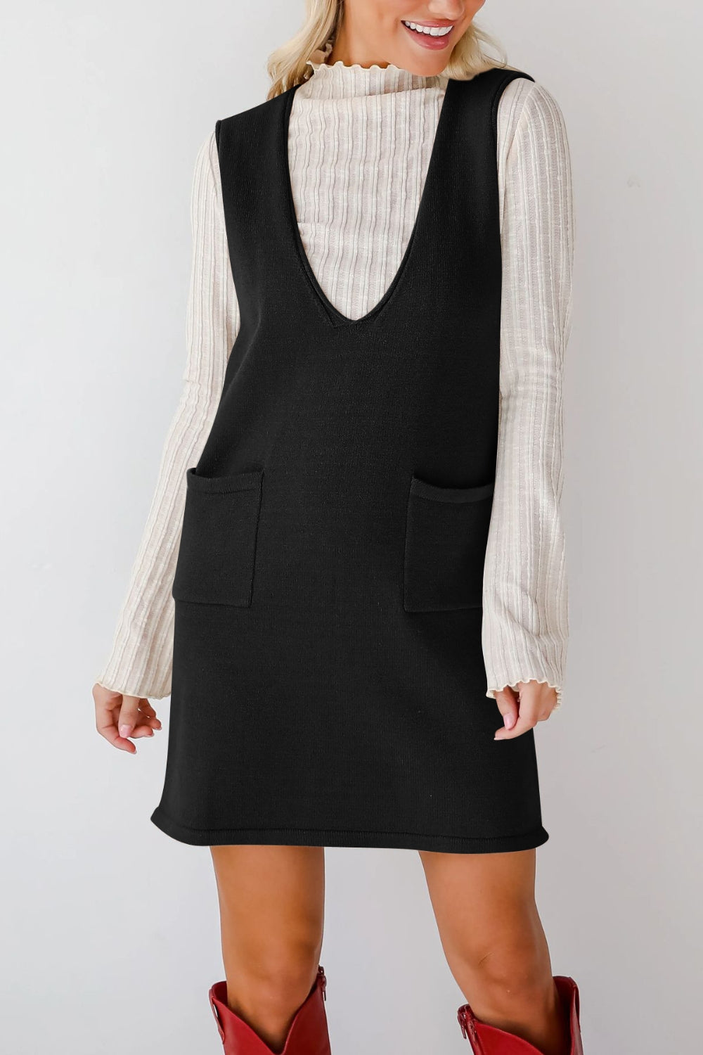 Hazel Blues® | Lovelet Pocketed V-Neck Mini Sweater Overall Dress
