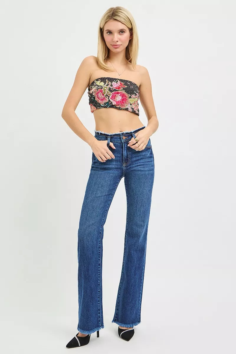 Hazel Blues® | RISEN Mid Rise Bootcut Frayed Waistband Hem Detail Jeans