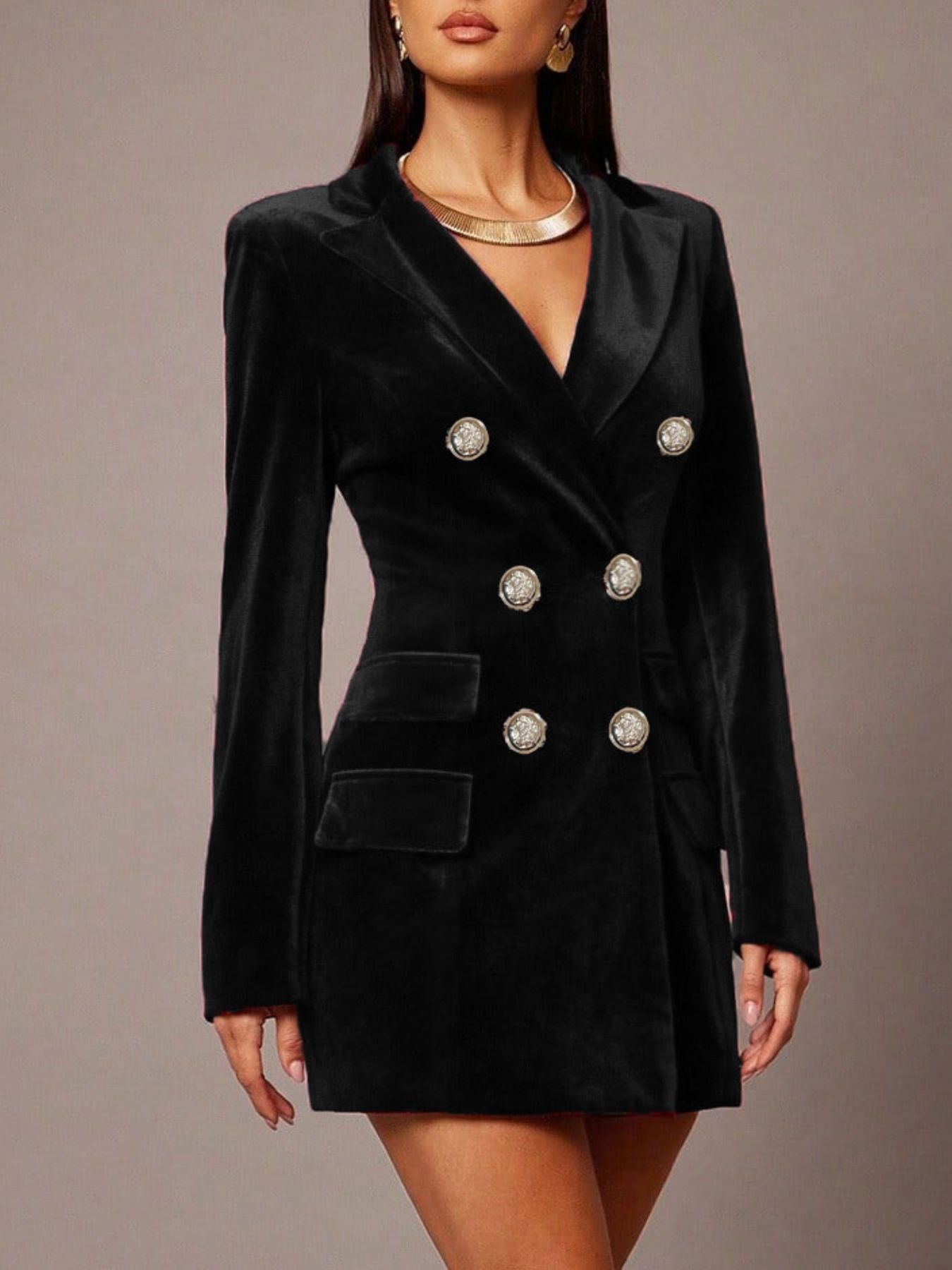 Hazel Blues® | Velvet Double-Breasted Blazer Dress