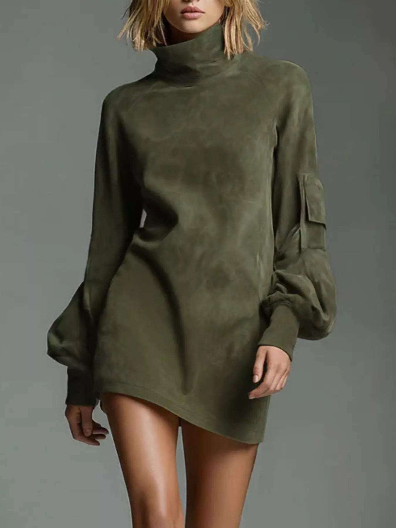 Hazel Blues® | Suede Turtleneck Lantern Sleeve Mini Dress