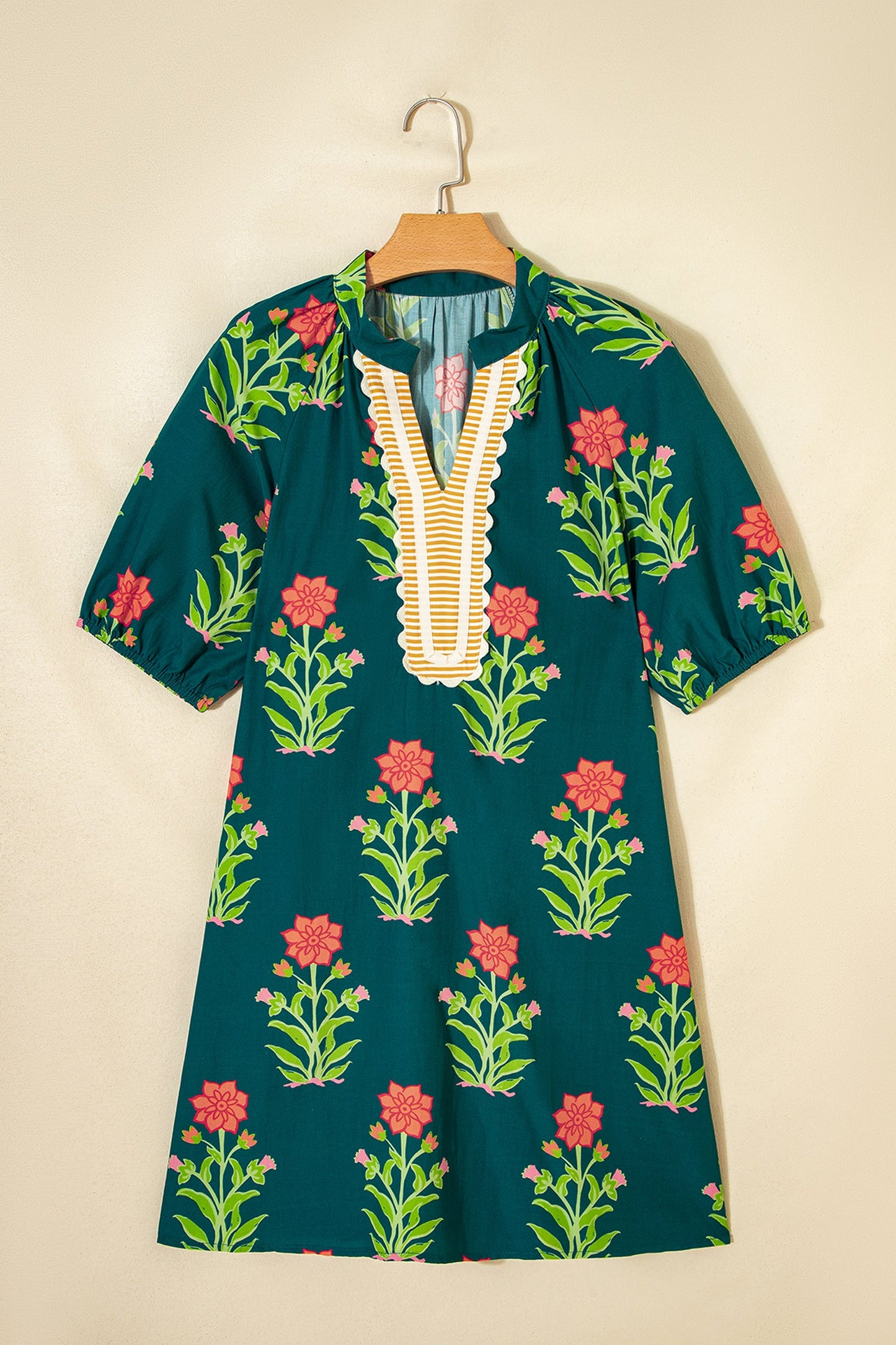 Hazel Blues® | Green Floral Print Contrast Trim Striped Patchwork Short Sleeve Dress