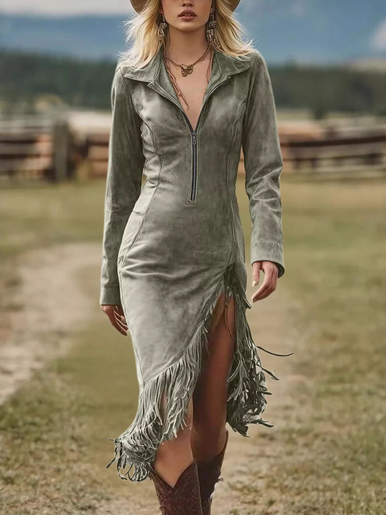 Hazel Blues® | Fringe Hem Zip Front Bodycon Dress