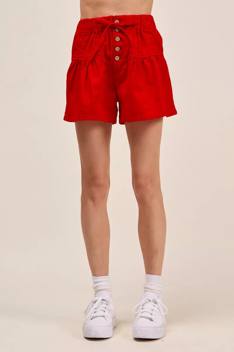 Hazel Blues® | SO ME Solid Twill Denim Pintucked Buttoned Shorts With Waist Tie