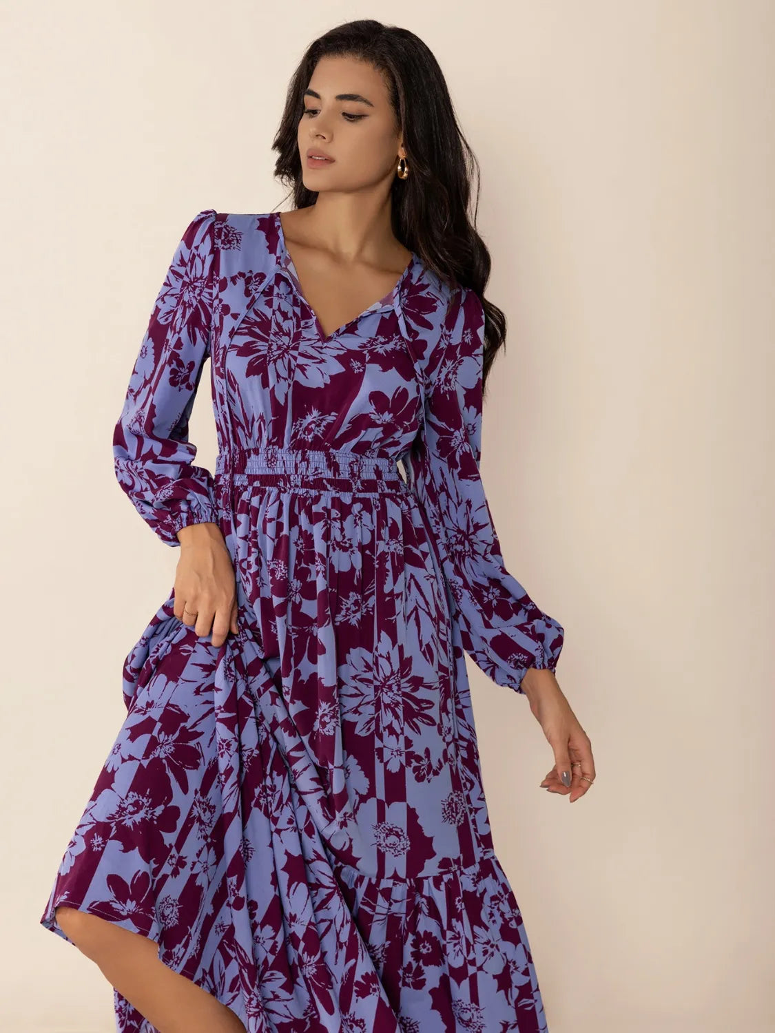 Hazel Blues® | Printed Tie Neck Balloon Sleeve Maxi Dress
