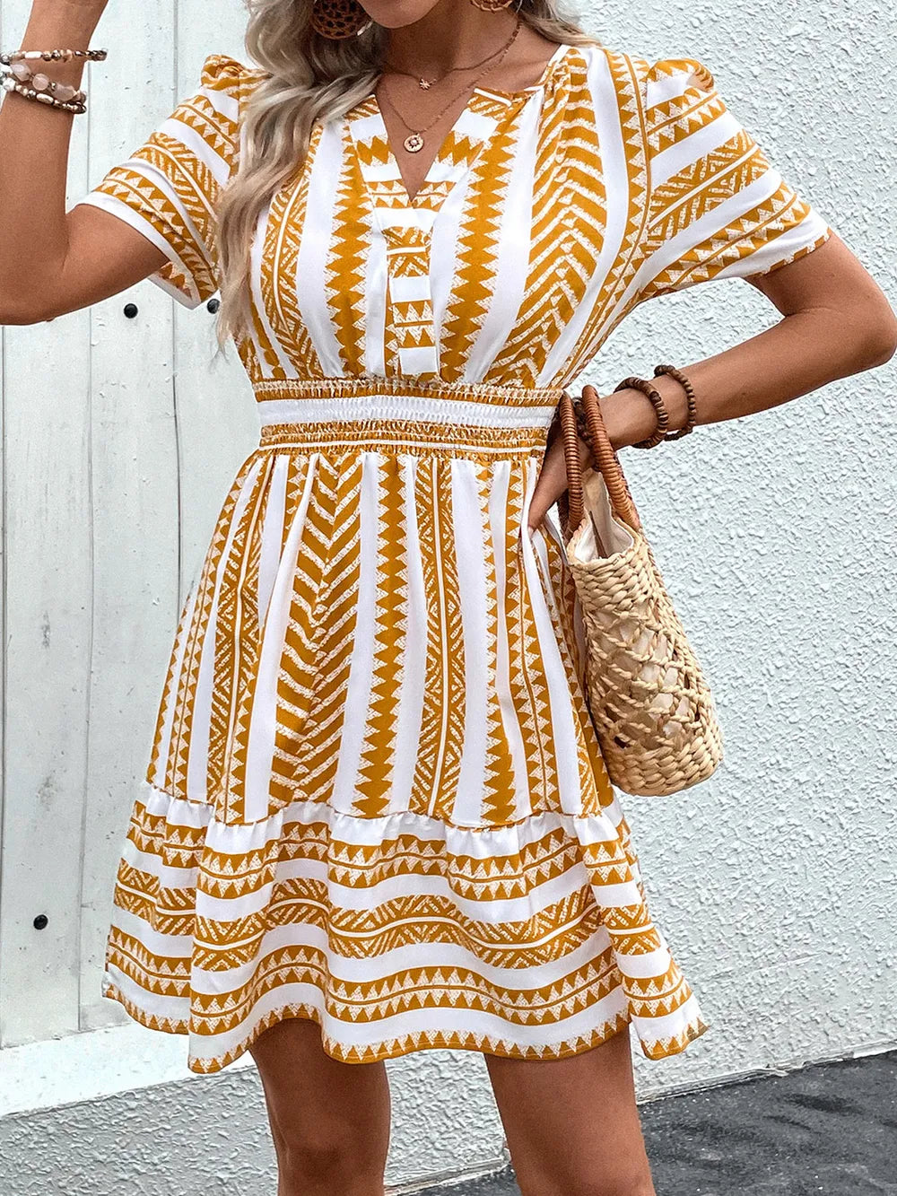Hazel Blues® | Perfee Geometric Notched Short Sleeve Mini Dress