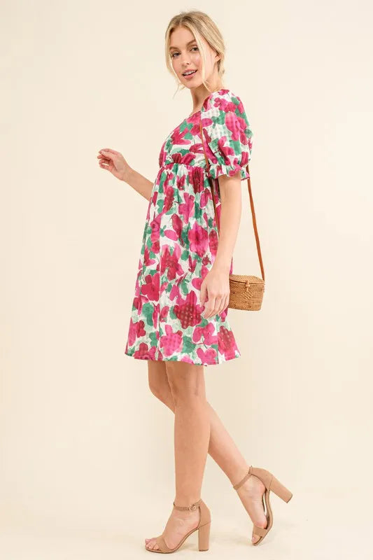 Hazel Blues® | And The Why Smocked Floral Ruffle Short Sleeve Mini Dress