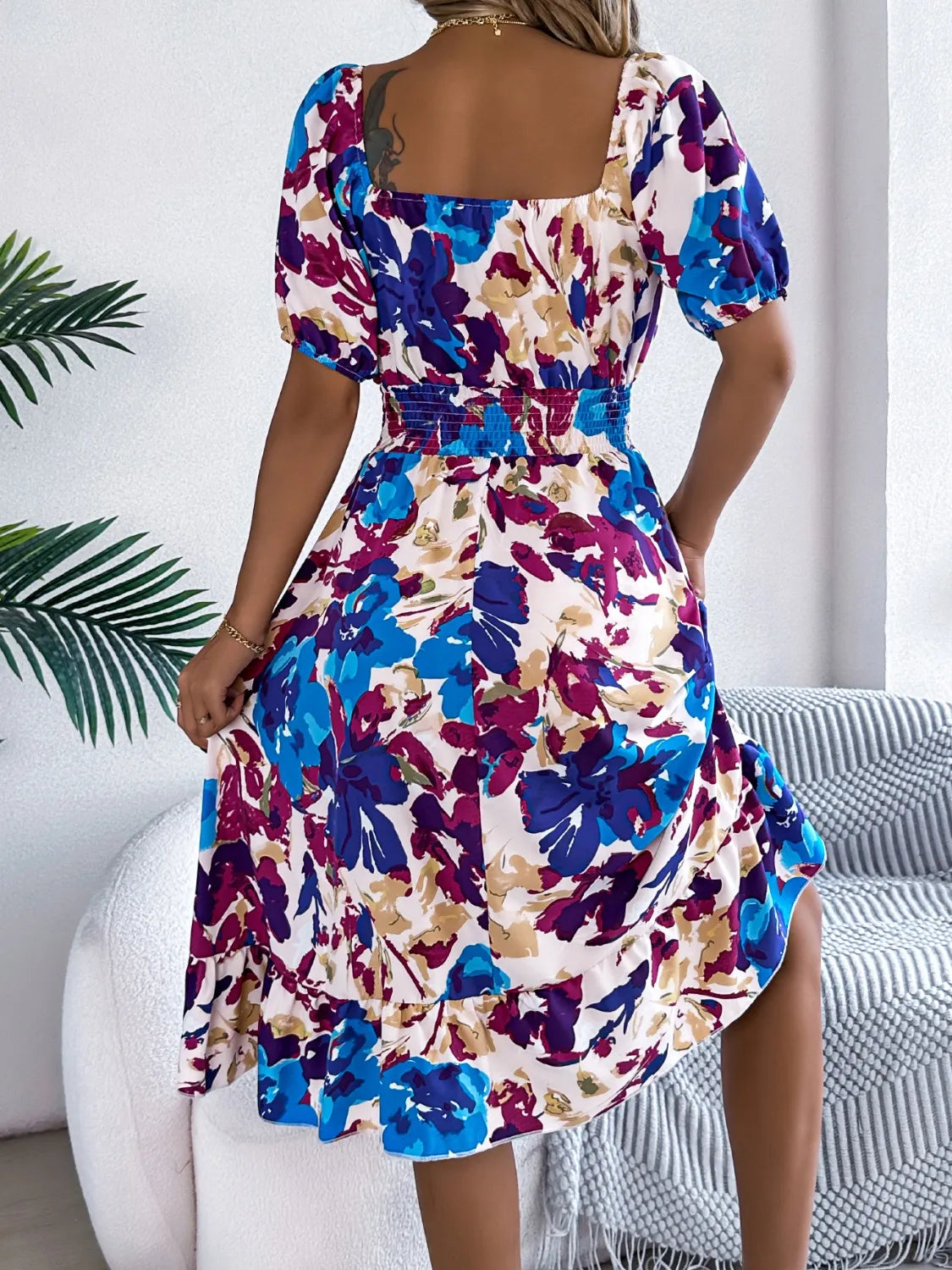 Hazel Blues® | Ruffled Hem Smocked Floral Short Sleeve Midi Dress