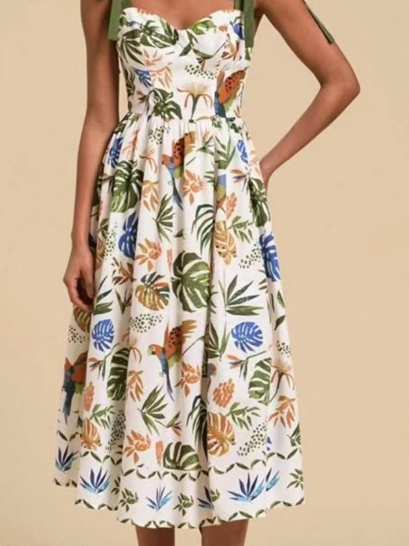 Hazel Blues® | Tropical Print Tie-Shoulder Sweetheart Neck Midi Dress