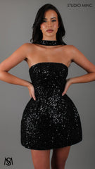 Eclipse - Black Mini Party Dress Sequin and Beaded Sparkly Strapless Corset Choker