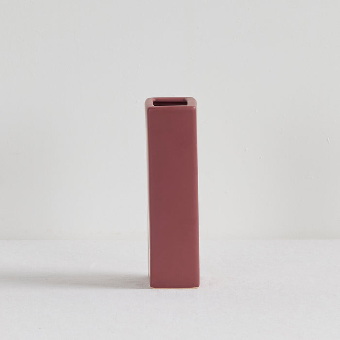 Block Vase - Port, tall port-coloured ceramic vase with a clean rectangular sculptural form and narrow opening