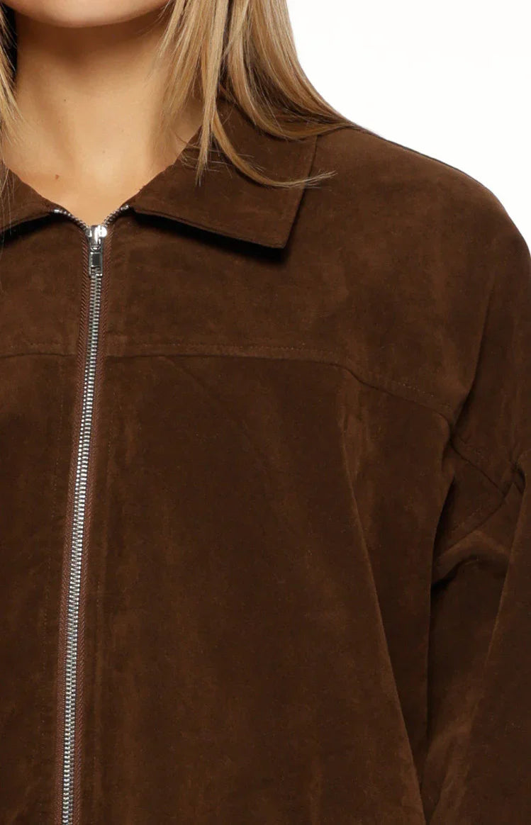 Brookie Brown Suedette Cuff Sleeve Bomber Jacket