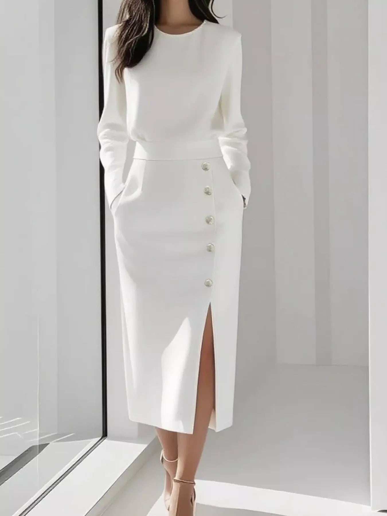 Hazel Blues® | Long Sleeve Button Detail Midi Dress with Side Slit