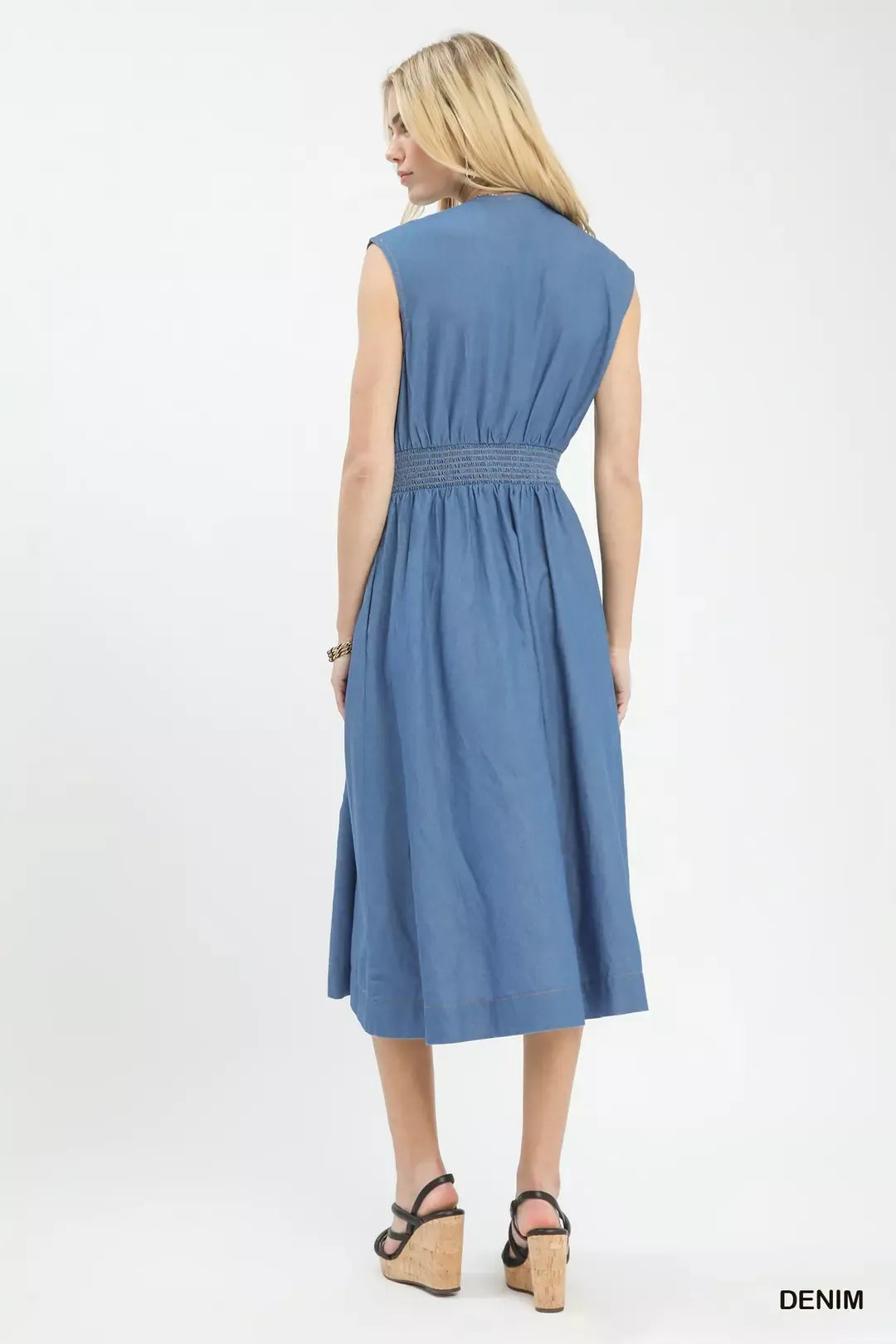Hazel Blues® | Umgee Denim Sleeveless Zip-Front Smocked Waist Midi Dress