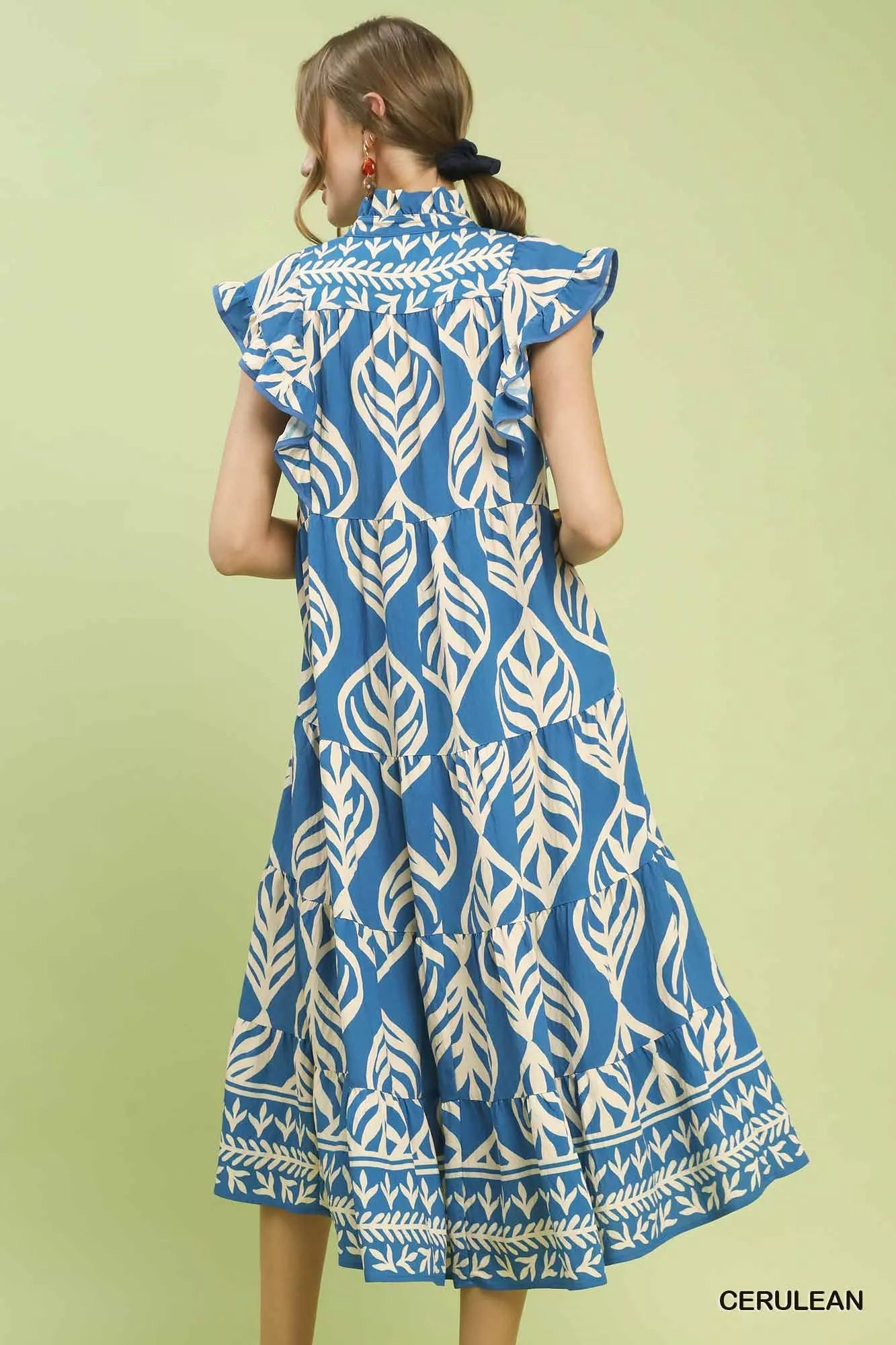 Hazel Blues® | Umgee Leaf Print Tiered Midi Dress with Pockets