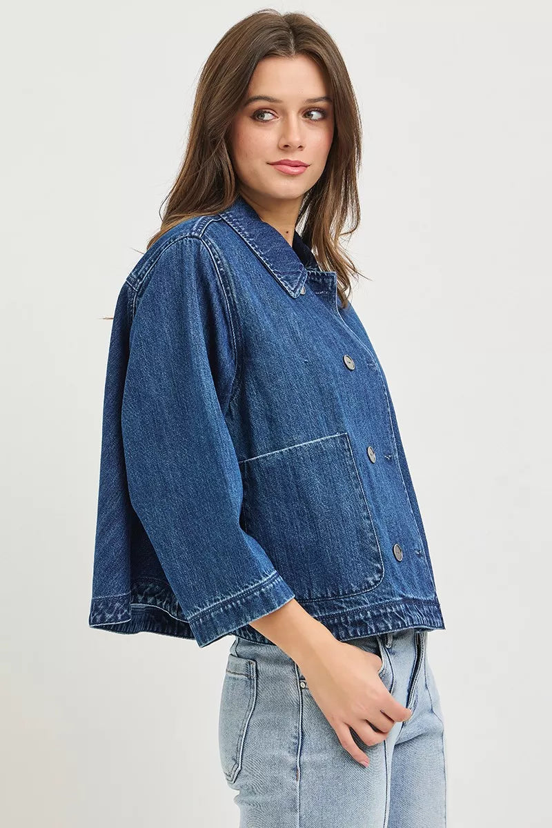 Hazel Blues® | RISEN Double-Breasted Flowy Cropped Denim Jacket