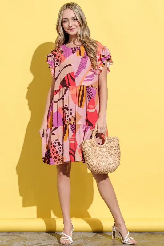 Hazel Blues® | And The Why Printed Double Ruffles Sleeve Dress