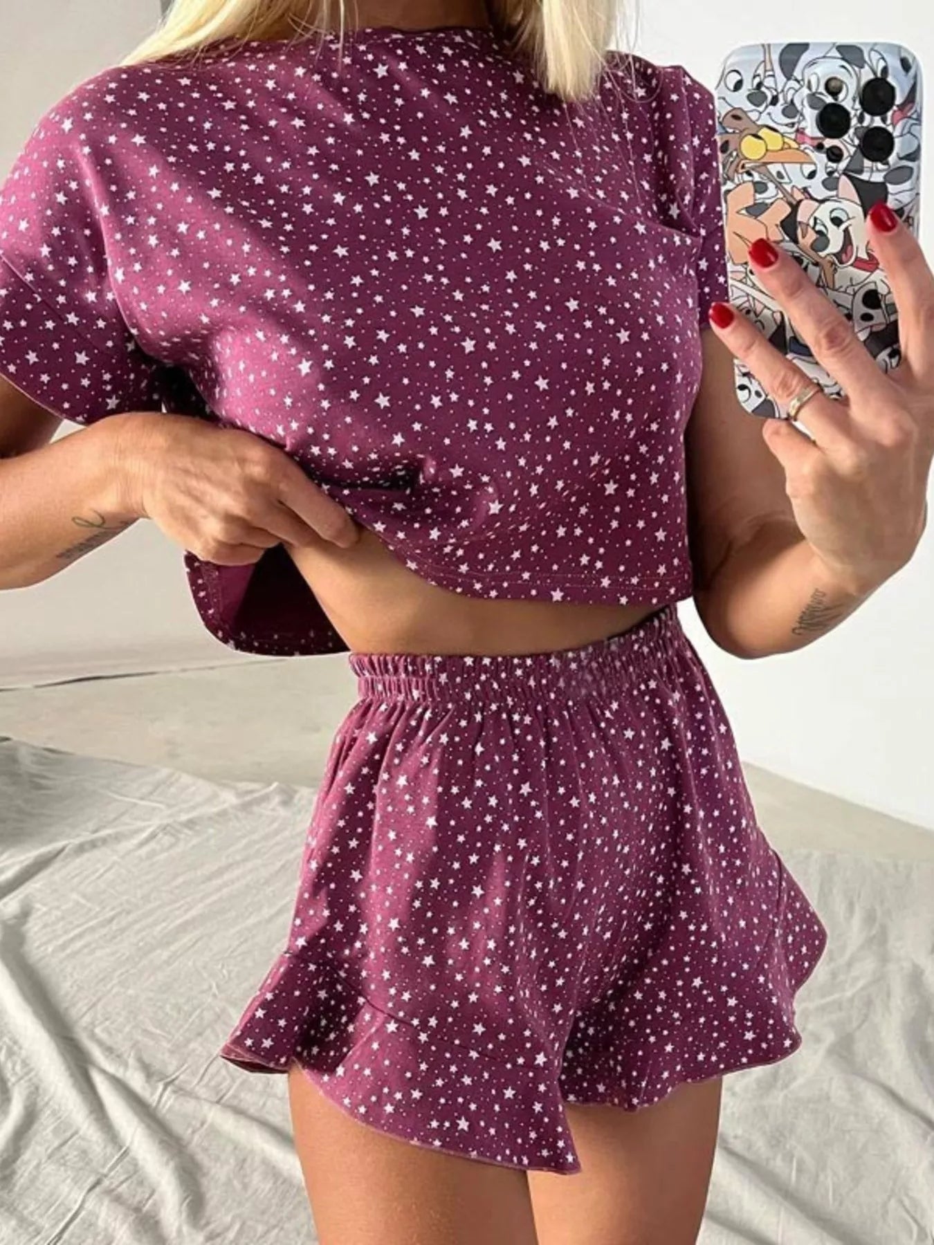 Hazel Blues® | Printed Crop Top and Ruffled Shorts Lounge Set