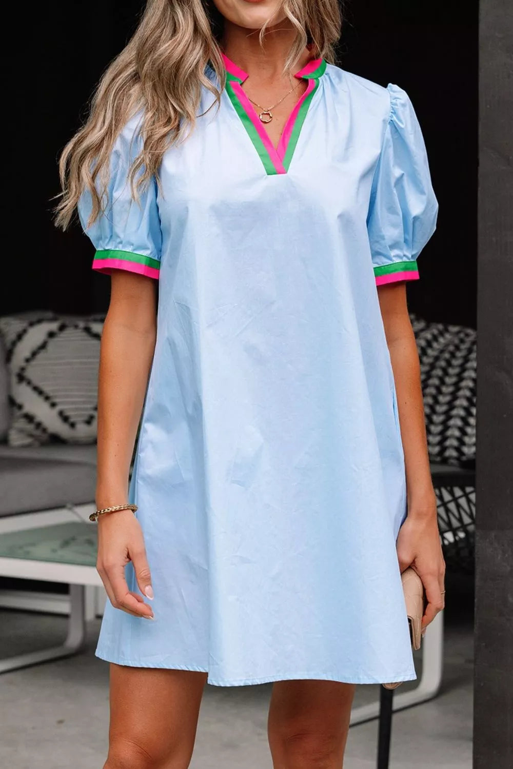 Hazel Blues® | Puff Sleeve Mini Dress with Contrast Trim