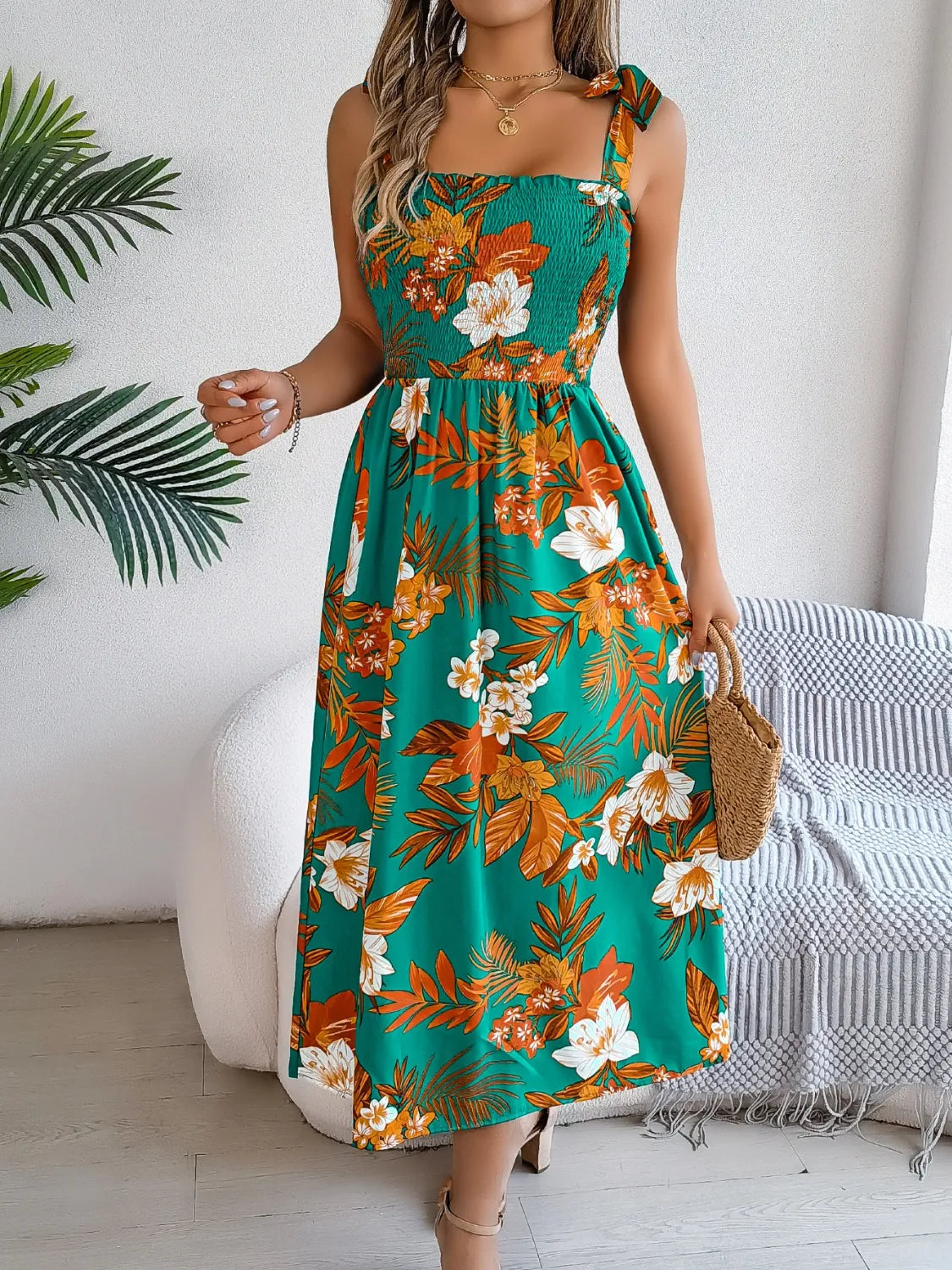Hazel Blues® | Smocked Floral Tie Shoulder Midi Dress