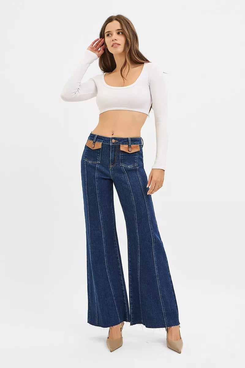 Hazel Blues® | RISEN High Rise Wide Flare Jeans with Front Leather Pocket Detail