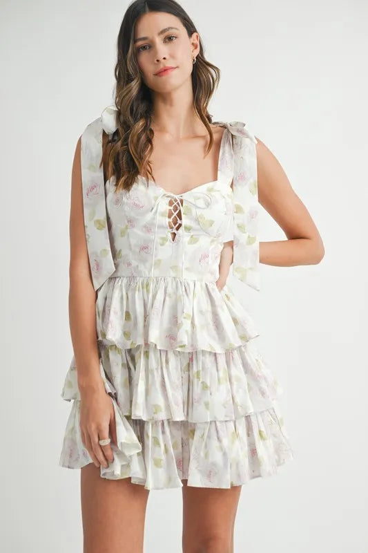 Hazel Blues® | MABLE Floral Print Shoulder Tie Layered Mini Dress