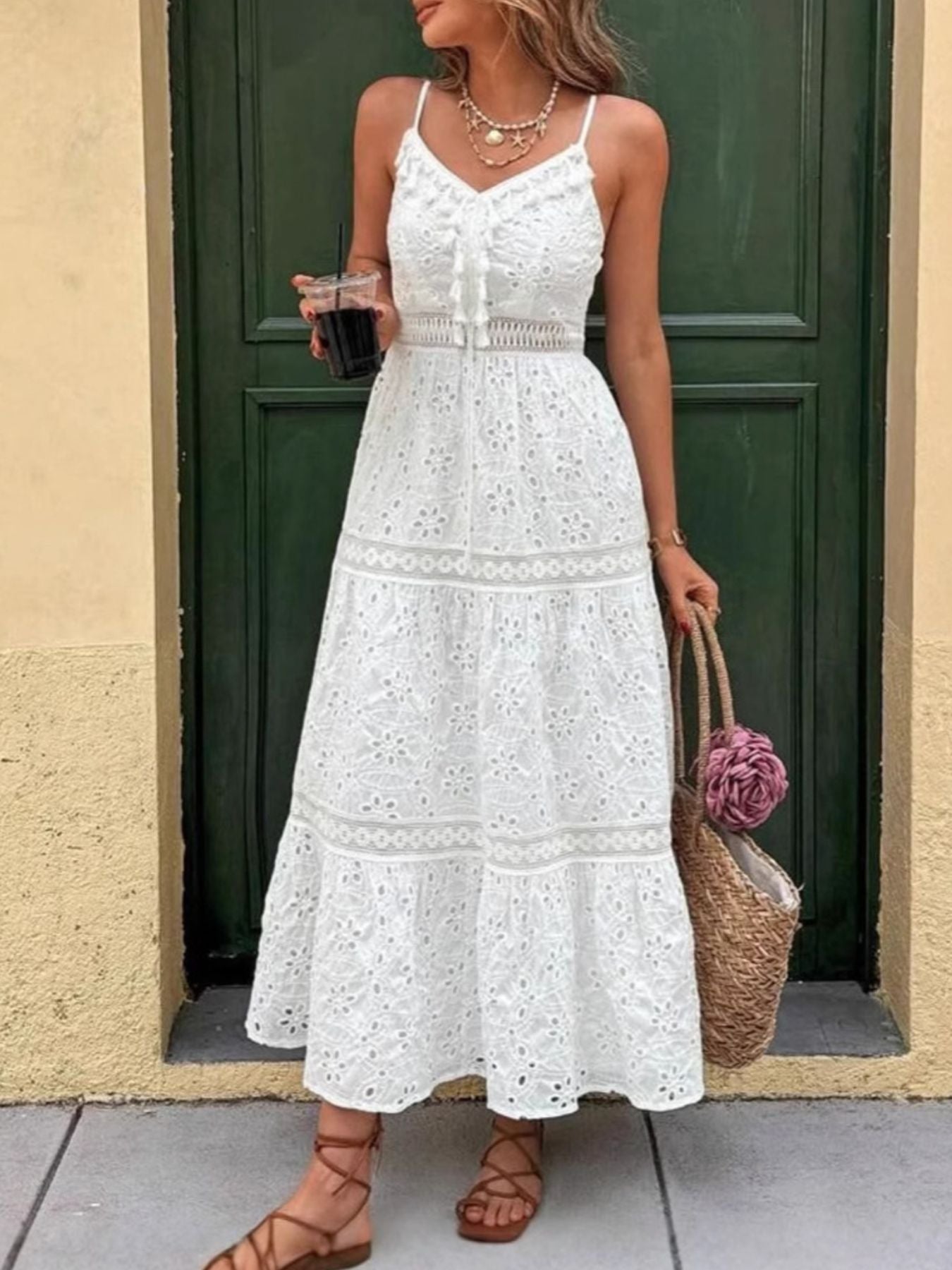 Hazel Blues® | Eyelet Embroidered Cami Dress with Tassel Detail