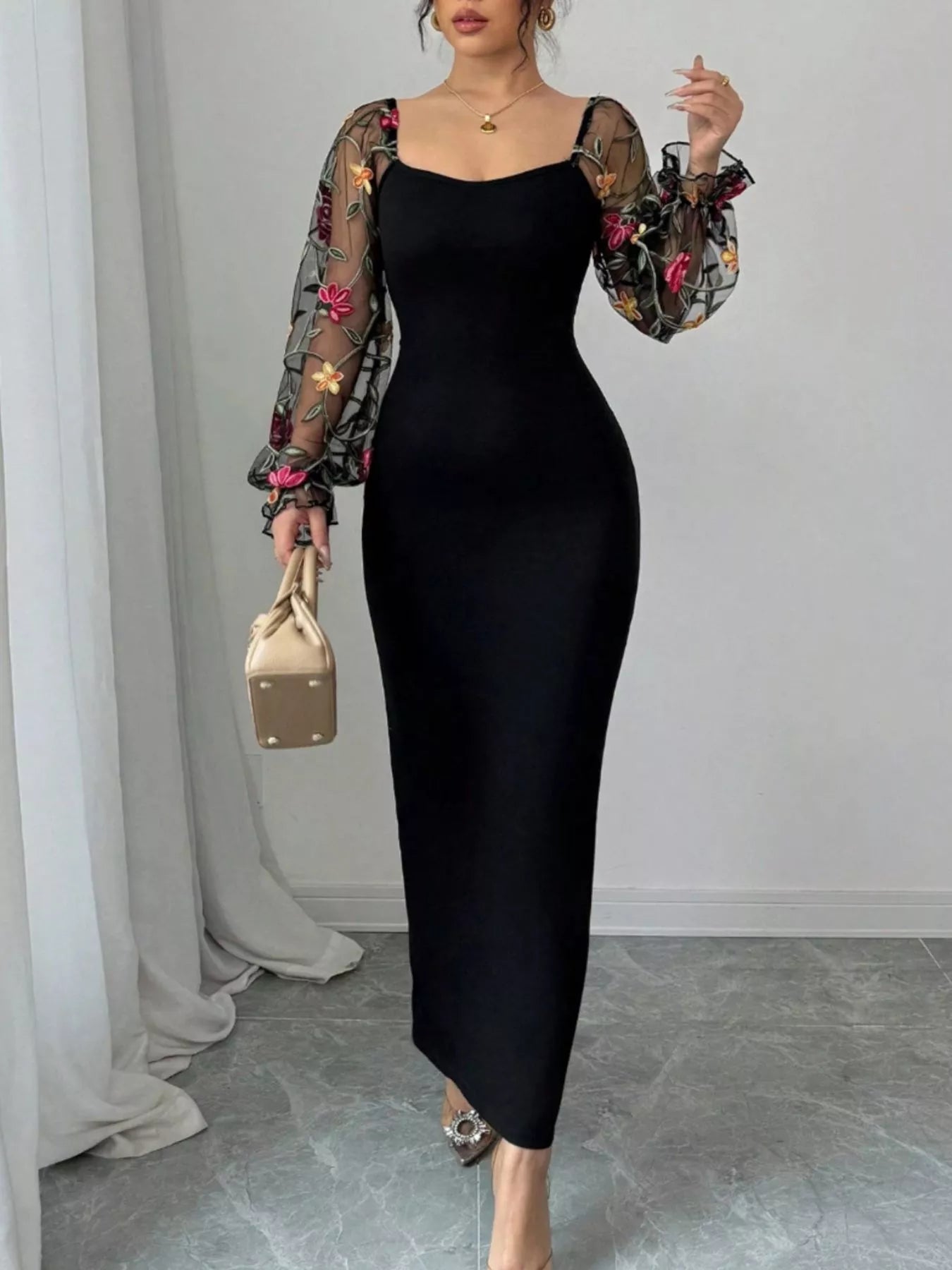 Hazel Blues® | Sheer Floral Mesh Sleeves Bodycon Dress